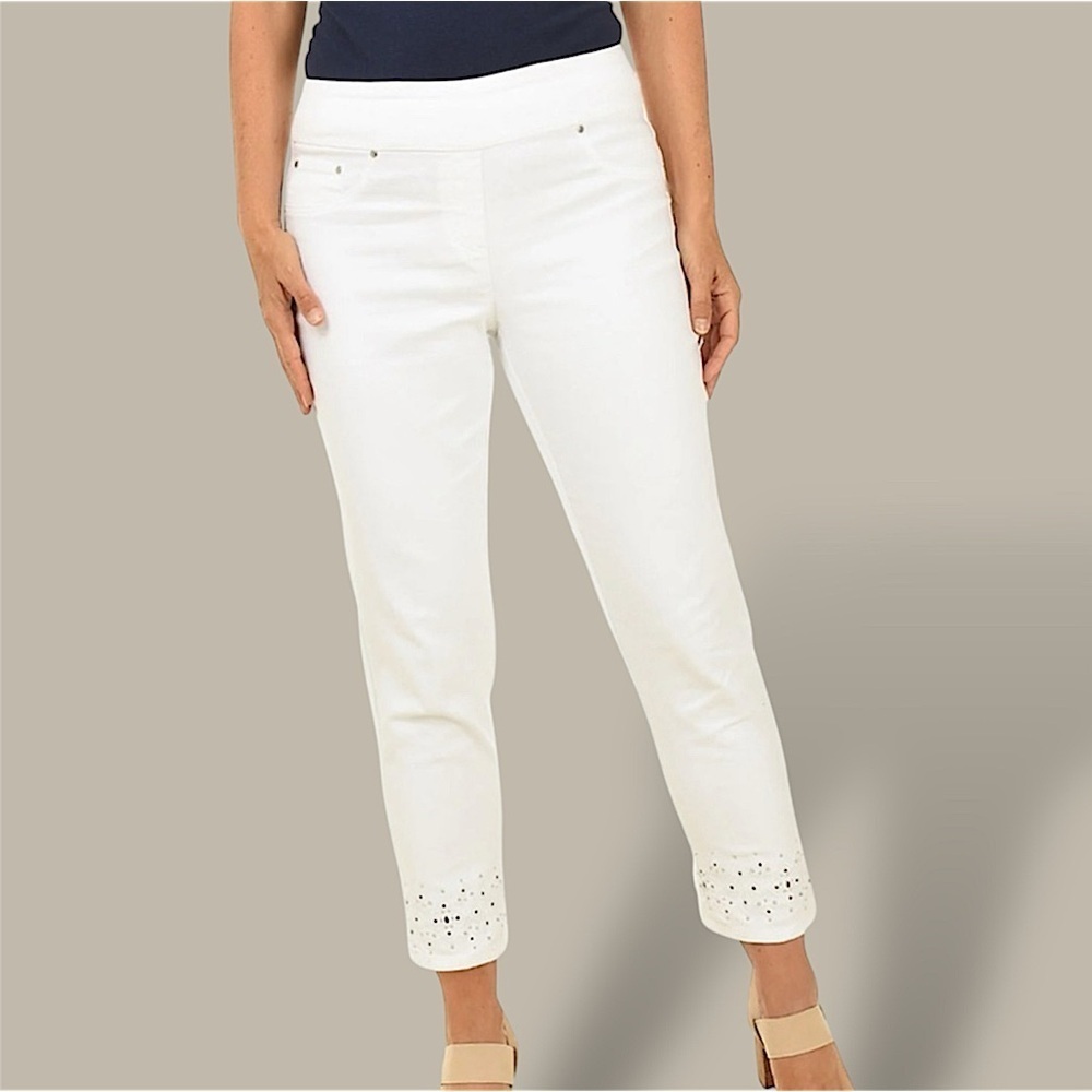 Peck & Peck White Cropped Denim Capri Jeans Stretch Tummy Lift Jeweled Cuff Sz 8